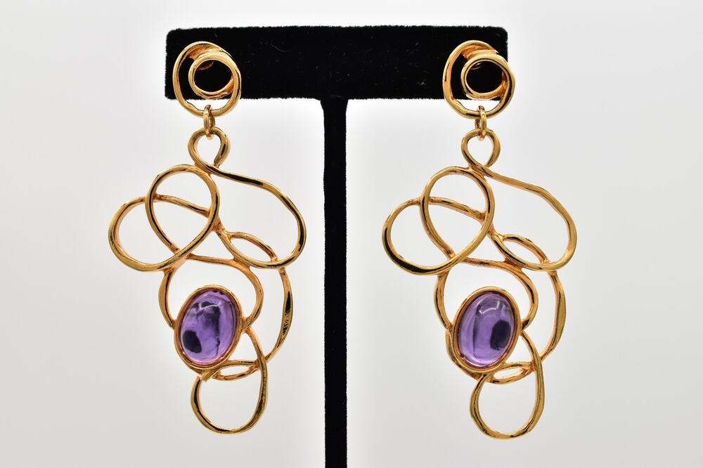 Avon Vintage Purple Cabochon Abstract Swirl Dangle Earrings Chunky 1990s BinBK